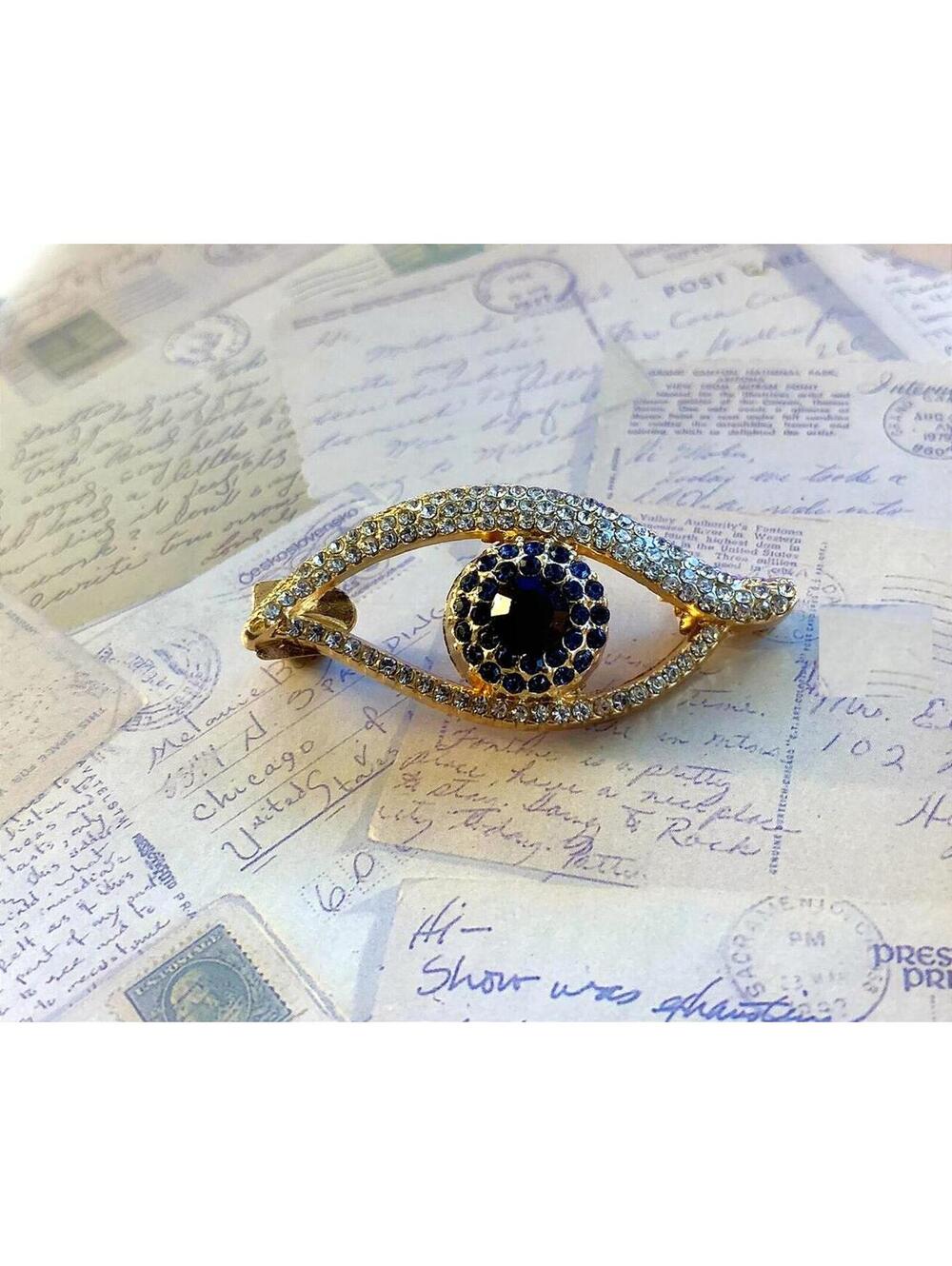 Crystal Evil Eye Brooch Blue Rhinestone Talisman Statement Pin